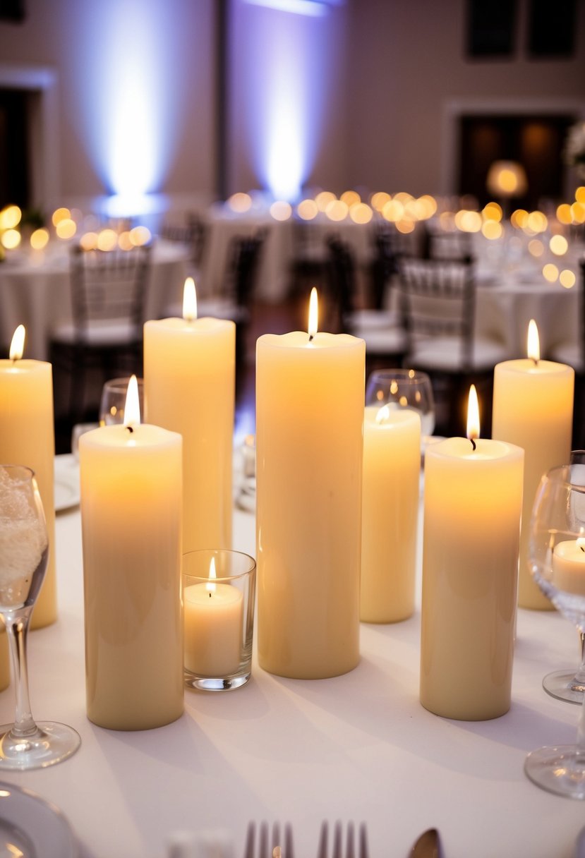 Cream and beige candles arranged on a table, casting a soft glow in a wedding reception setting