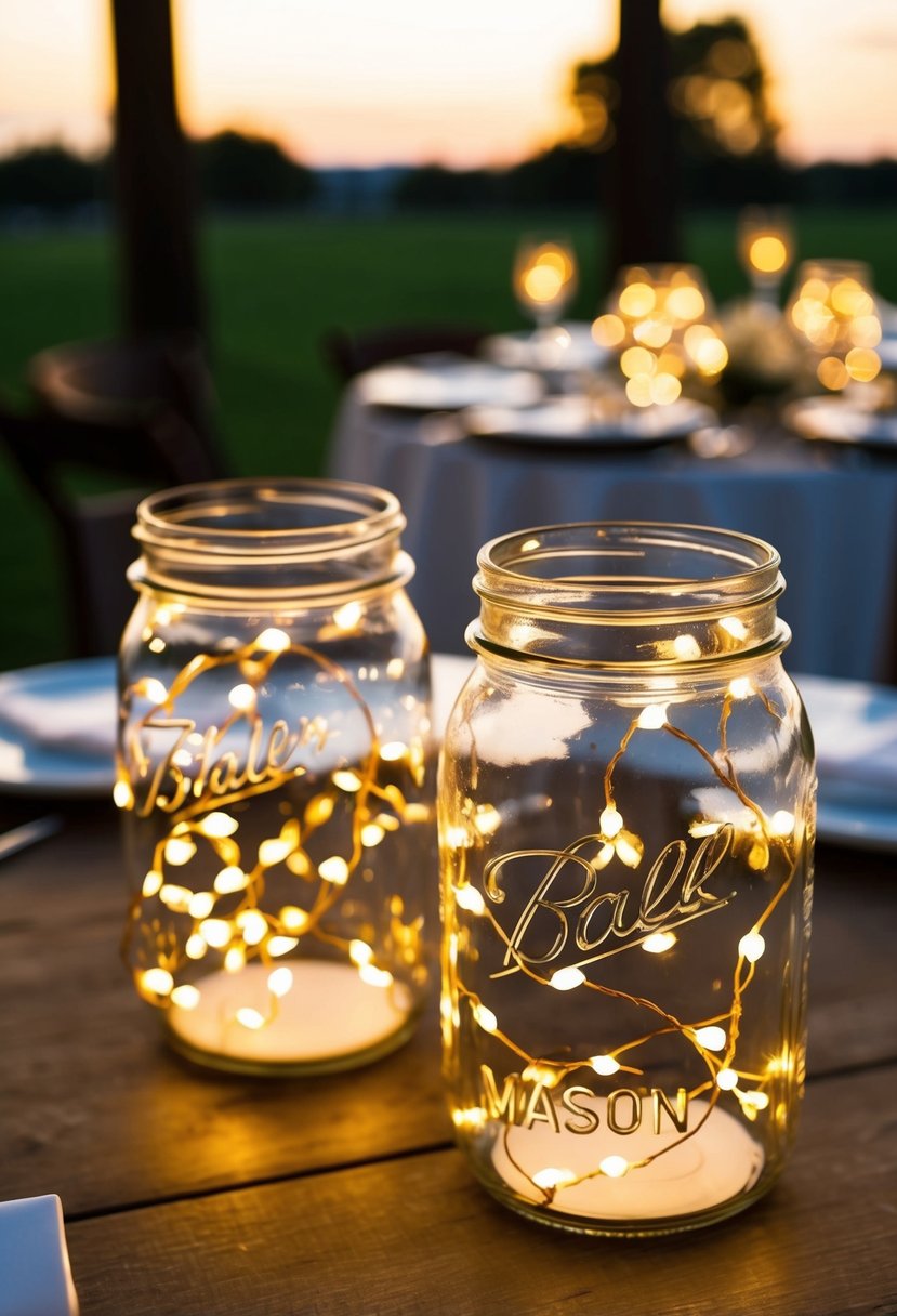 Mason jars filled with fairy lights illuminate a wedding table, creating a romantic and enchanting ambiance