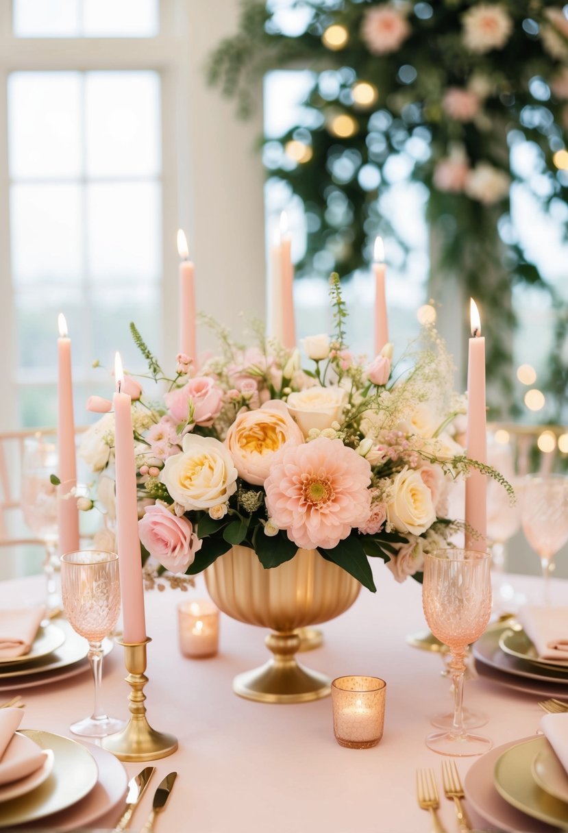 A pastel pink and gold table adorned with delicate flowers and candles, creating a soft and elegant wedding atmosphere