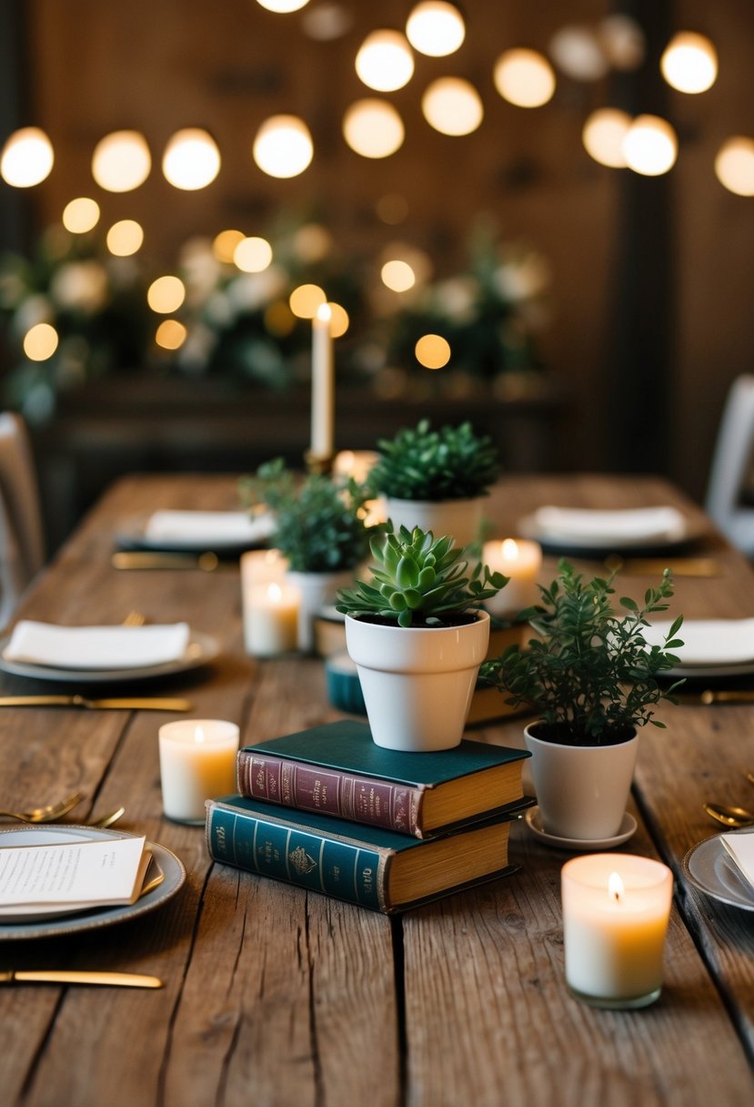 A rustic table set with vintage books, small potted plants, and candles as wedding decorations