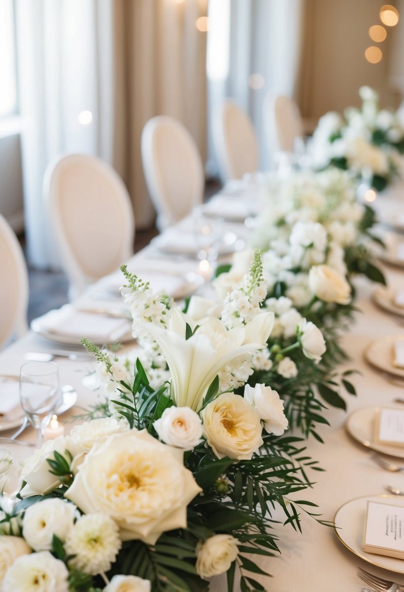 Soft beige and white floral arrangements adorn a wedding table, creating a delicate and elegant atmosphere