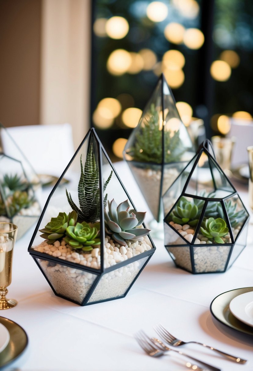 A table adorned with geometric terrariums filled with succulents, creating a modern and elegant wedding centerpiece