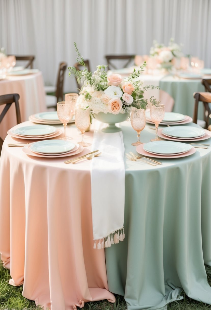 Soft peach and muted green tablecloths with delicate floral centerpieces and pastel dinnerware create a serene wedding table setting