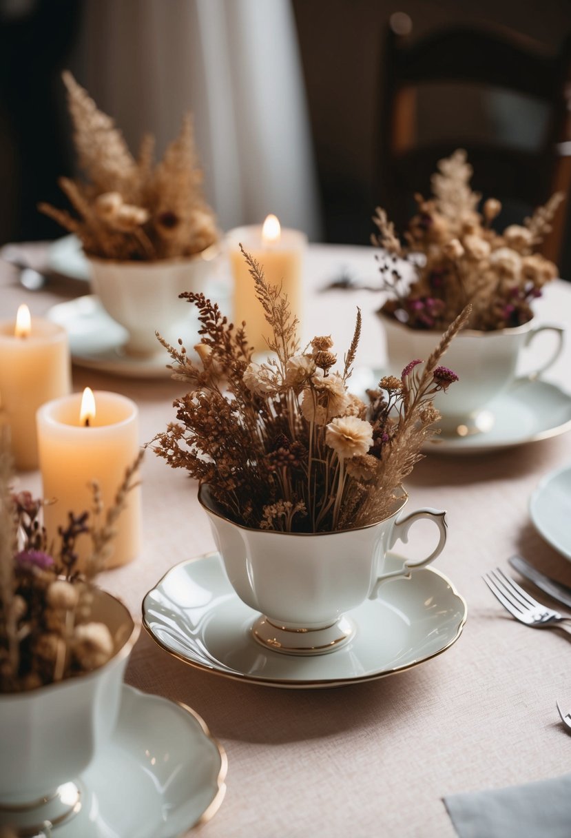 Dried flowers fill teacups on a wedding table, accented by candles