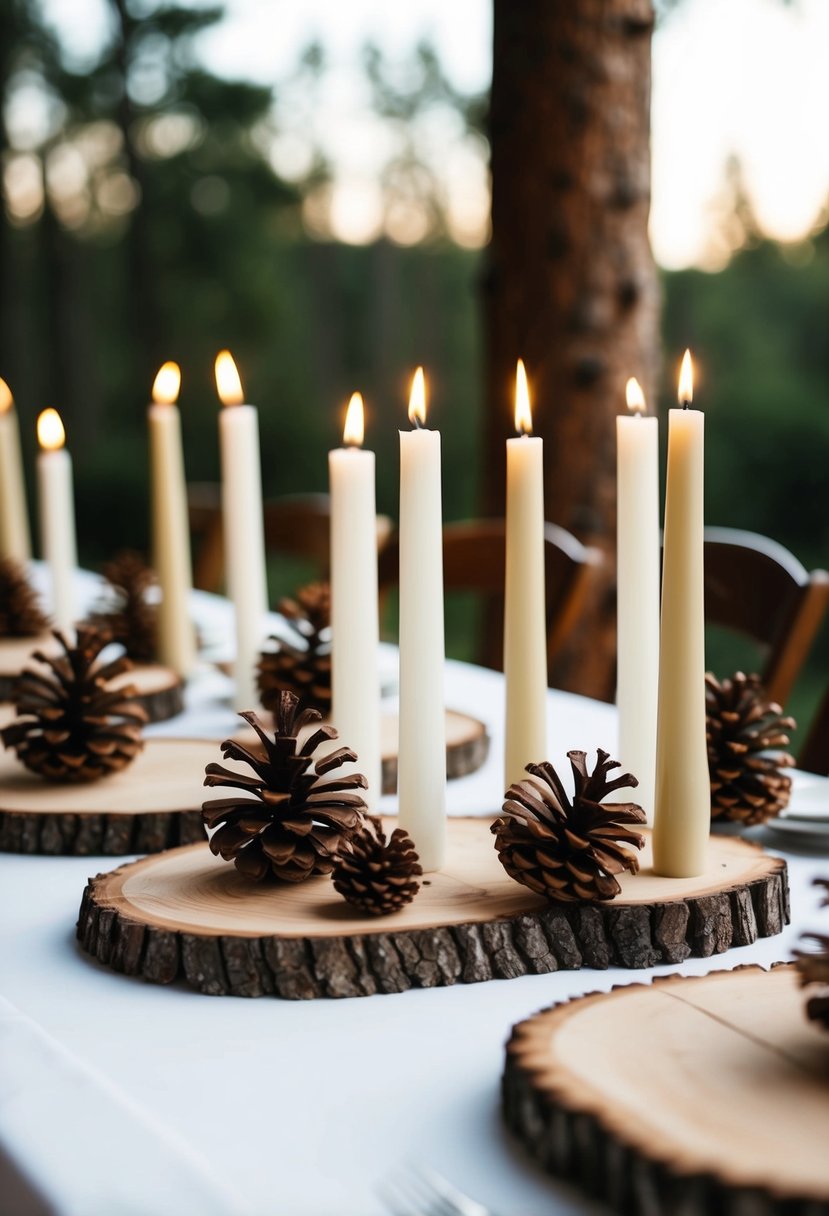 Wood slices arranged with pinecones and no candles for a rustic wedding table decoration