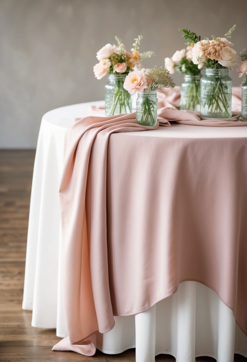 Soft blush linens draped over a table adorned with delicate glass jars filled with flowers