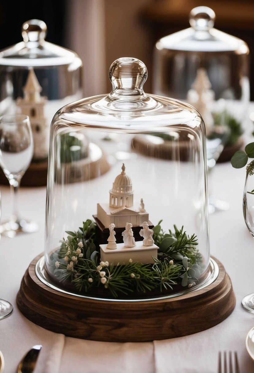 Glass cloches showcase miniature sculptures on wedding tables