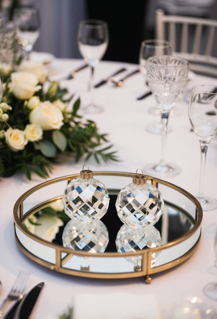 Mirrored trays hold crystal ornaments on a wedding table