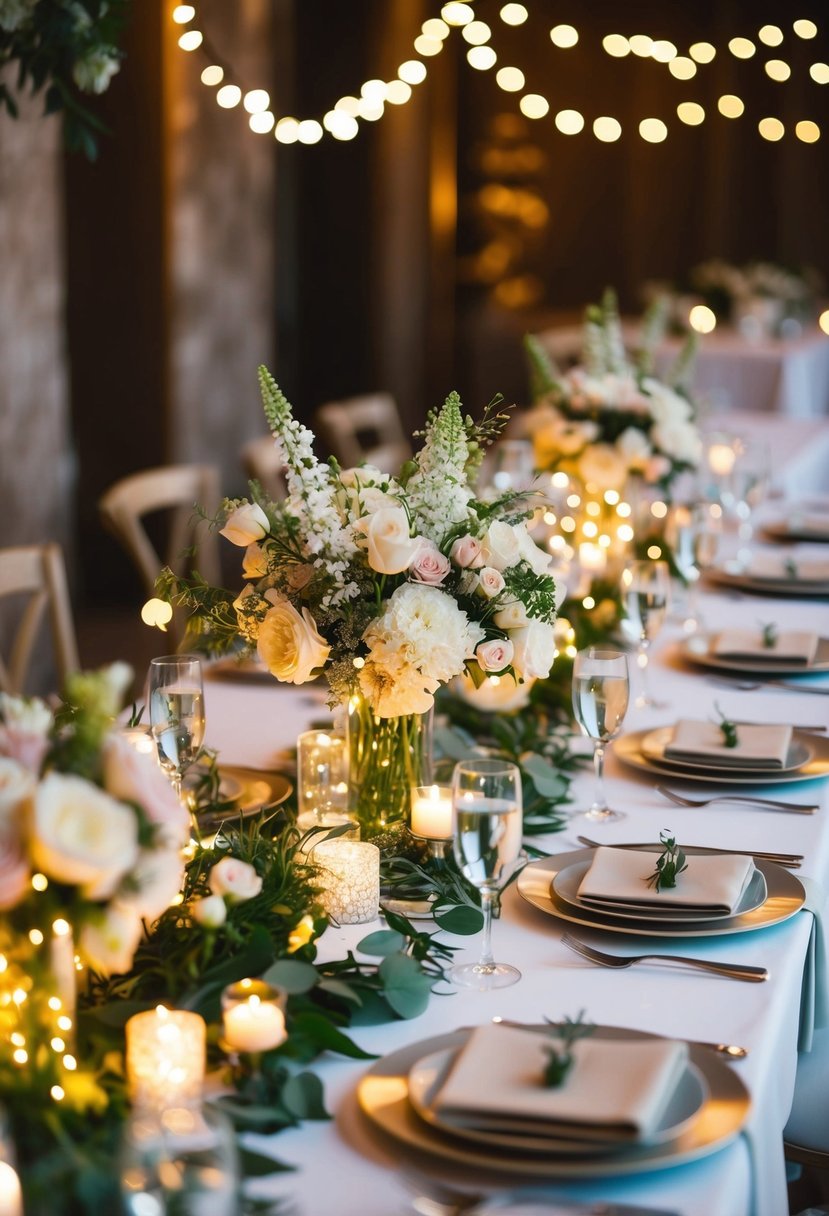 A table adorned with delicate floral centerpieces, twinkling fairy lights, and elegant place settings, creating an enchanting atmosphere for a wedding celebration