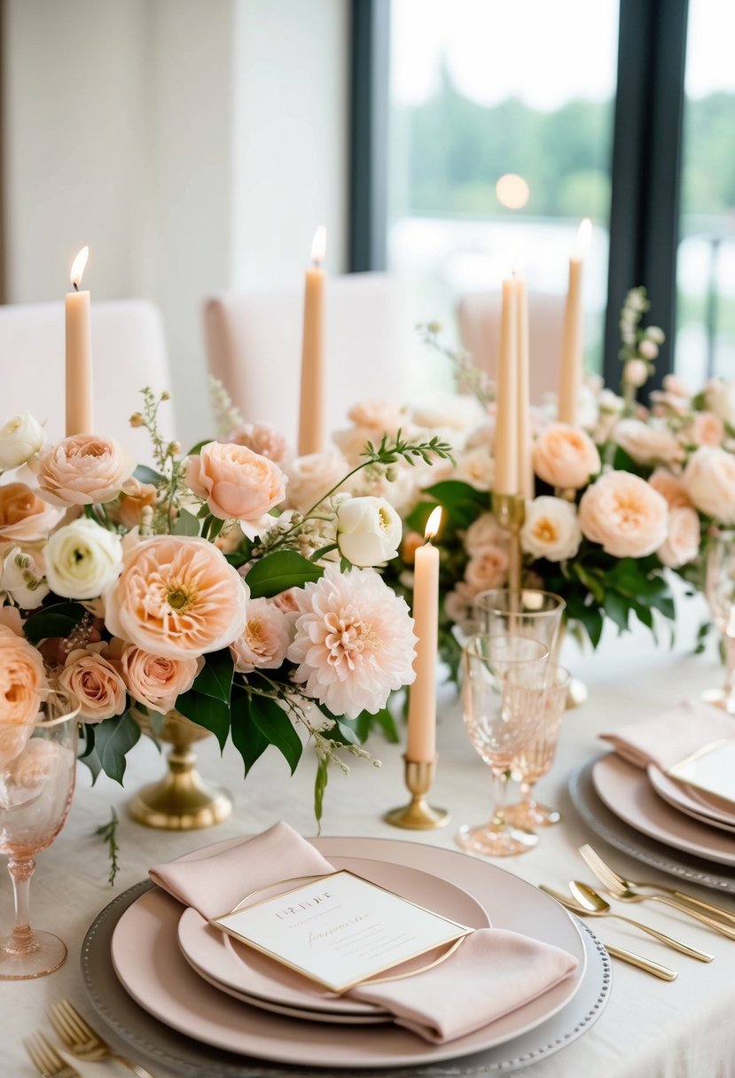 A table adorned with soft blush and peach floral arrangements, delicate candles, and elegant place settings