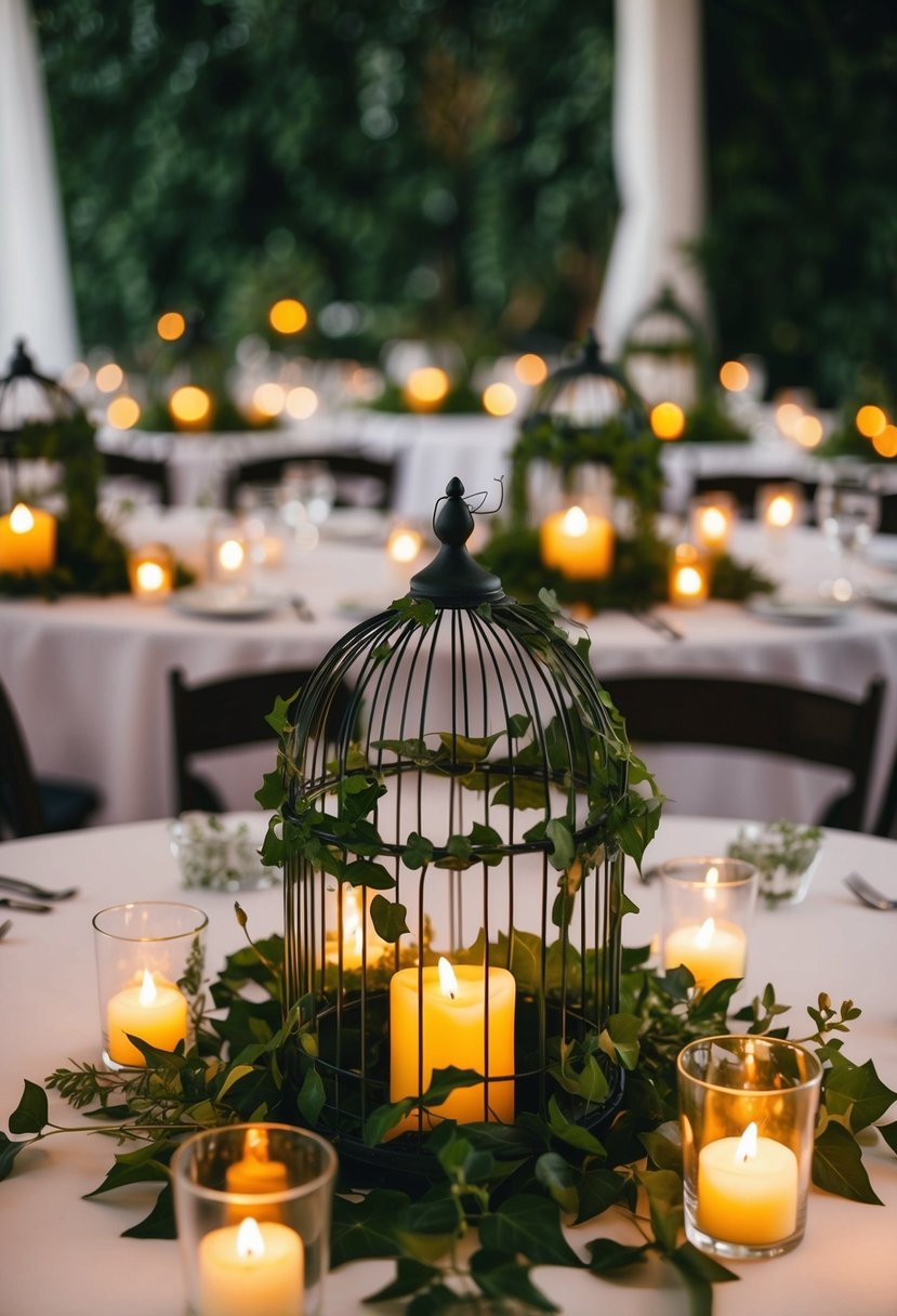 Ivy-covered birdcages adorn wedding tables with flickering candles