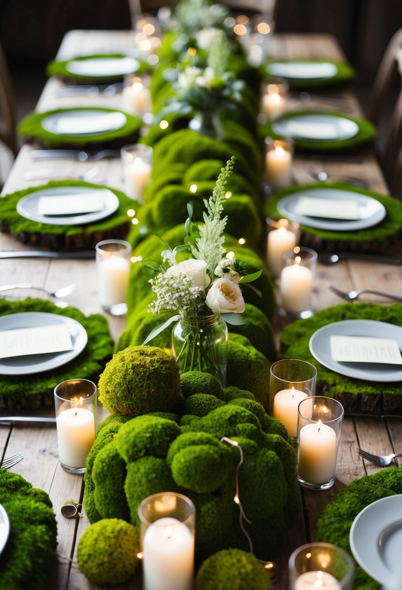 Lush green moss-covered centerpieces adorn rustic wooden tables, accented with delicate flowers and twinkling fairy lights