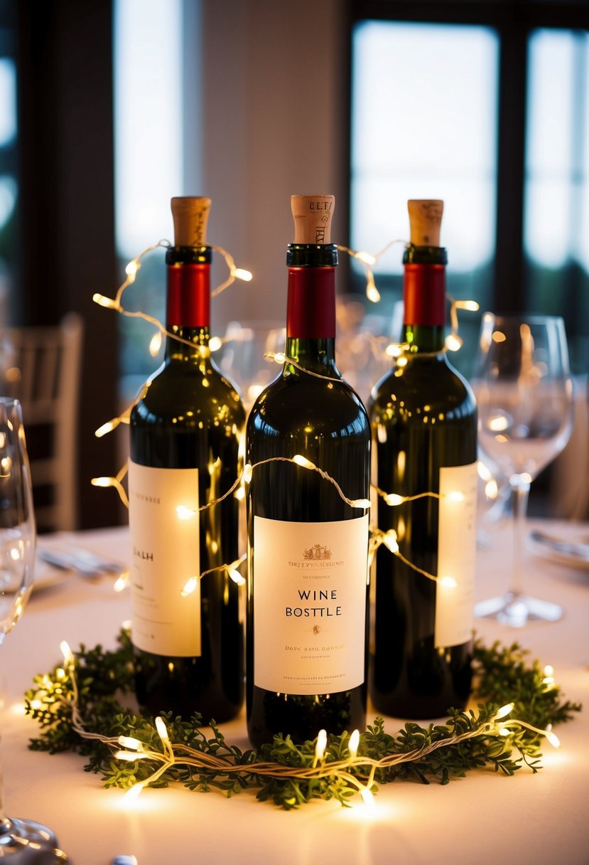 Wine bottles adorned with LED string lights create a romantic wedding table centerpiece