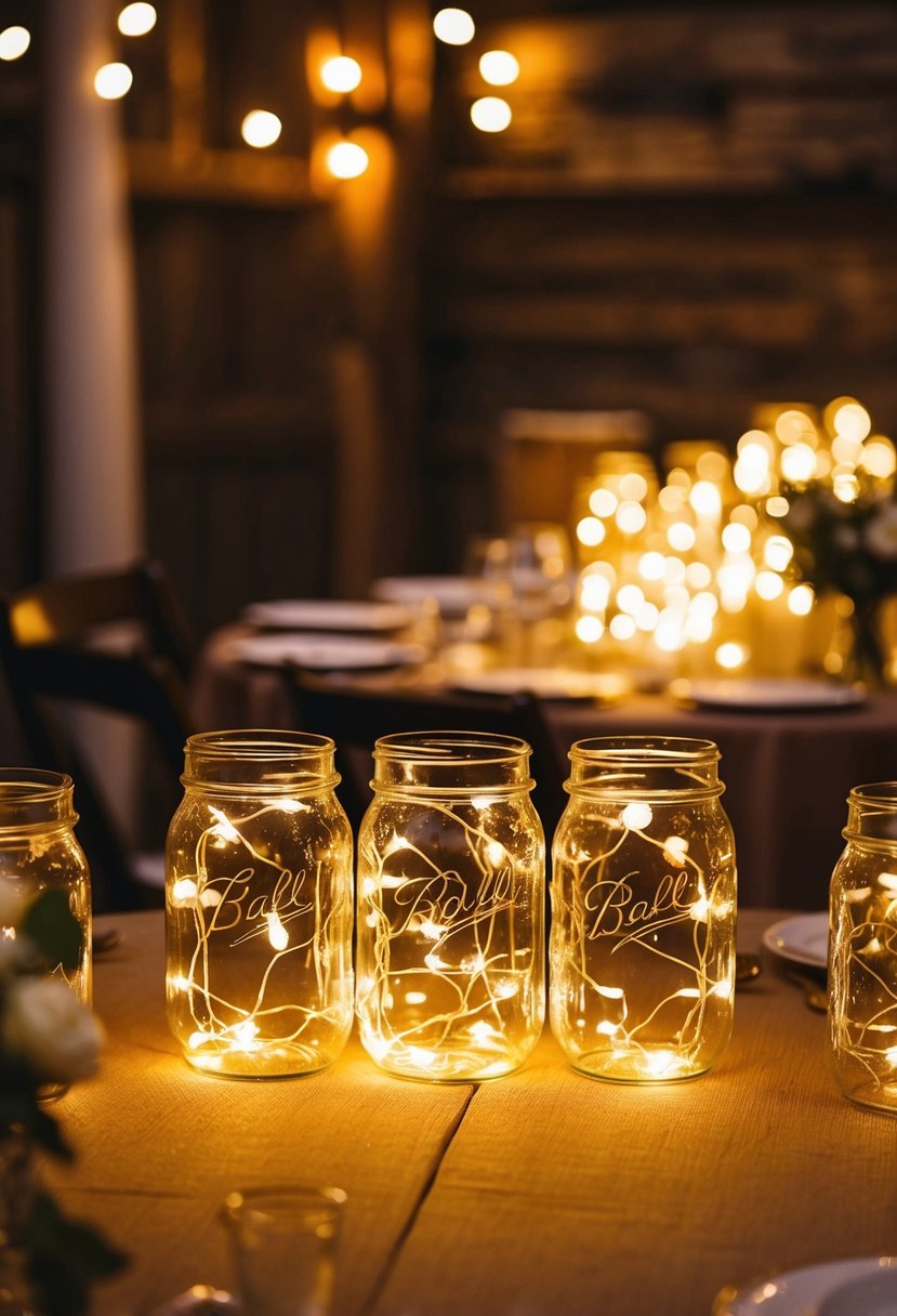 Fairy light mason jars illuminate a rustic wedding table, casting a warm and enchanting glow over the surrounding decor