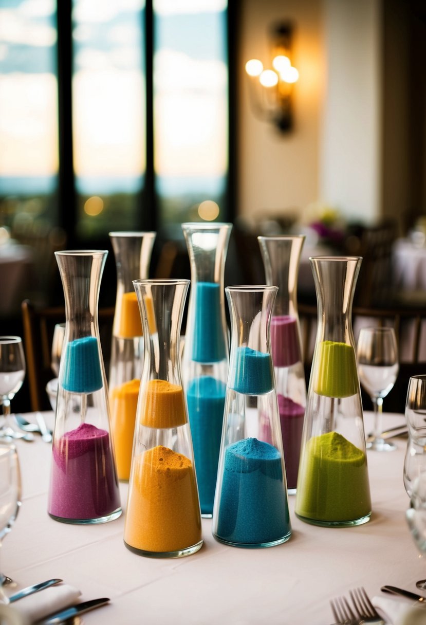 Colorful sand-filled glass vases arranged as wedding table centerpieces