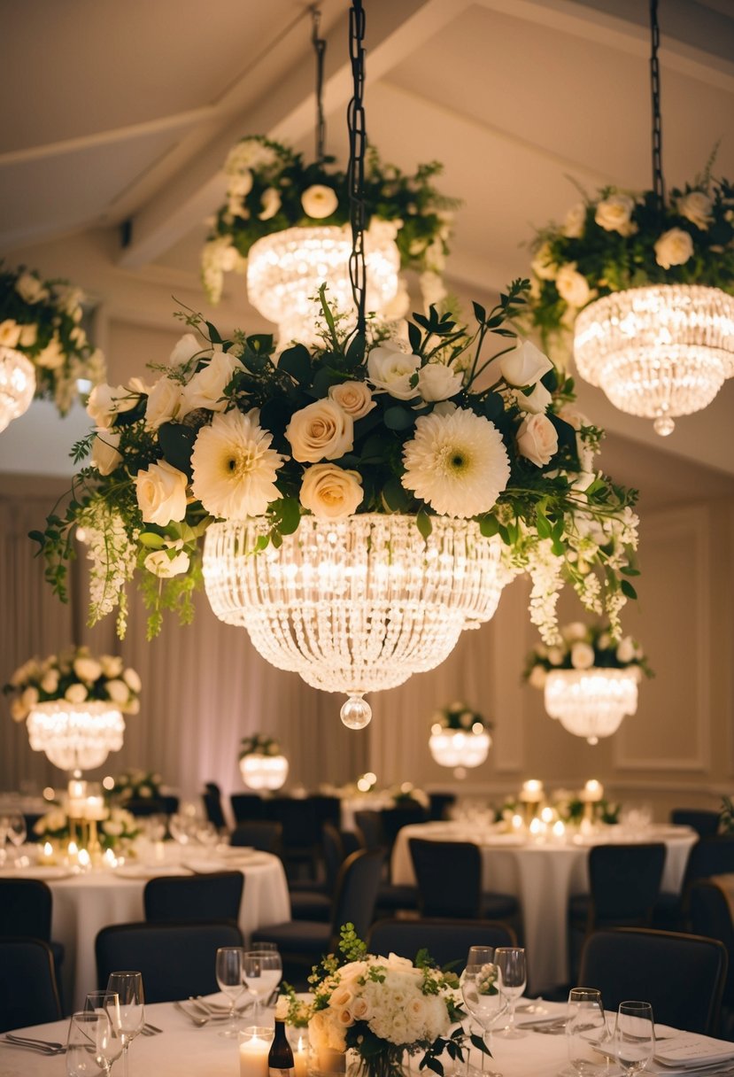 Hanging flower chandeliers adorn a wedding table, casting a romantic and enchanting glow over the elegant setting