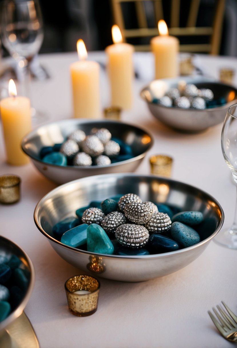 Metallic bowls filled with decorative stones and no candles adorn a wedding table