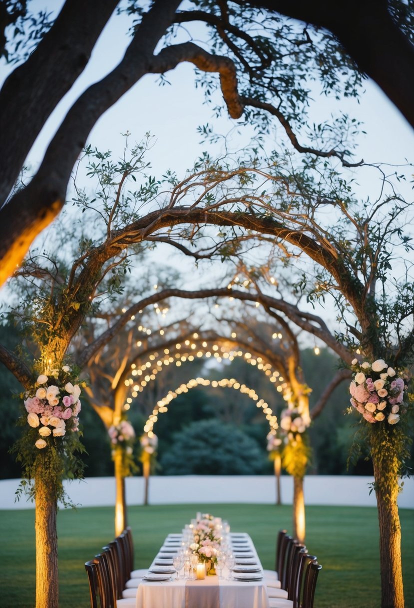 Tree branches form archways over a wedding table, adorned with delicate flowers and twinkling lights, creating a enchanting and romantic atmosphere