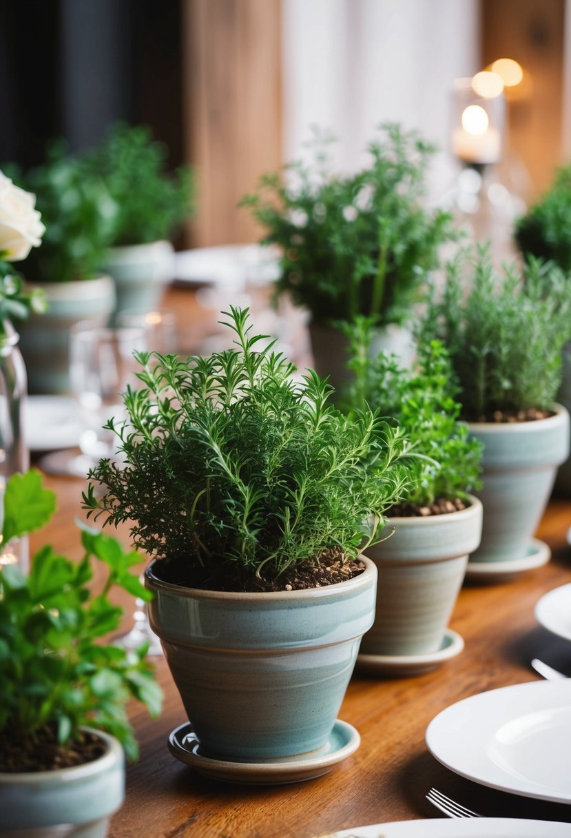 Ceramic pots filled with fragrant herbs arranged as wedding table decorations