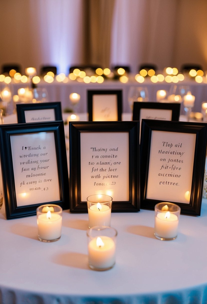 Picture frames with romantic quotes arranged on a wedding table, surrounded by flickering candles