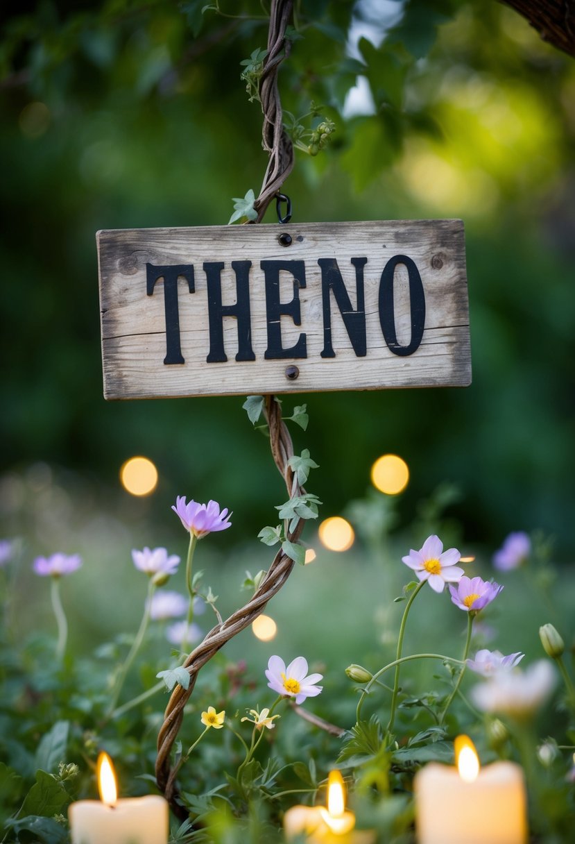 A weathered wooden sign hangs from a twisted vine, surrounded by delicate wildflowers and flickering tea lights