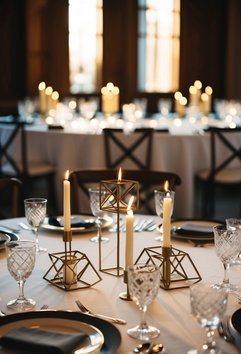 Geometric candle holders arranged on a wedding table, casting intricate shadows in the soft candlelight