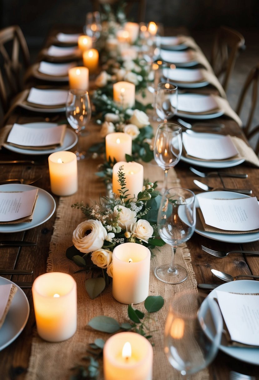 A rustic wooden table adorned with burlap runners, surrounded by flickering candles and delicate floral arrangements