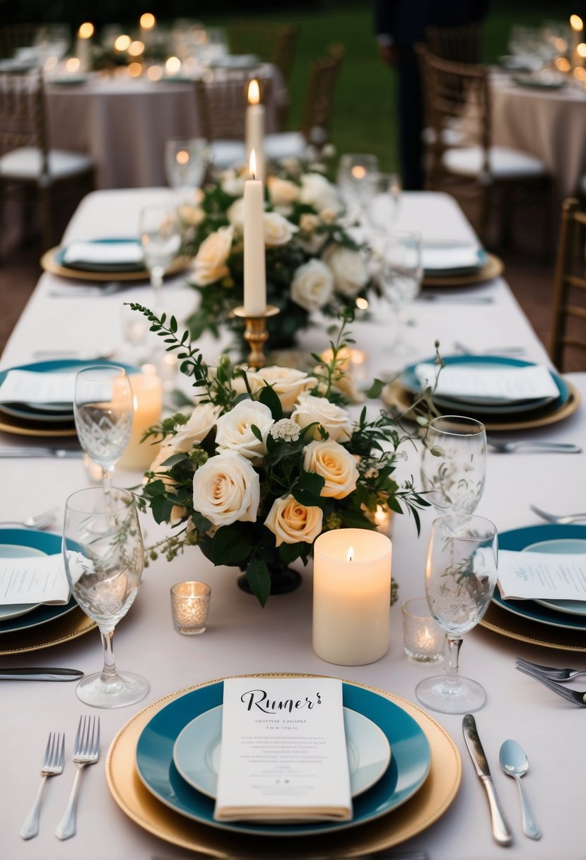 A table adorned with floral centerpieces, candles, and elegant tableware for a runner's wedding