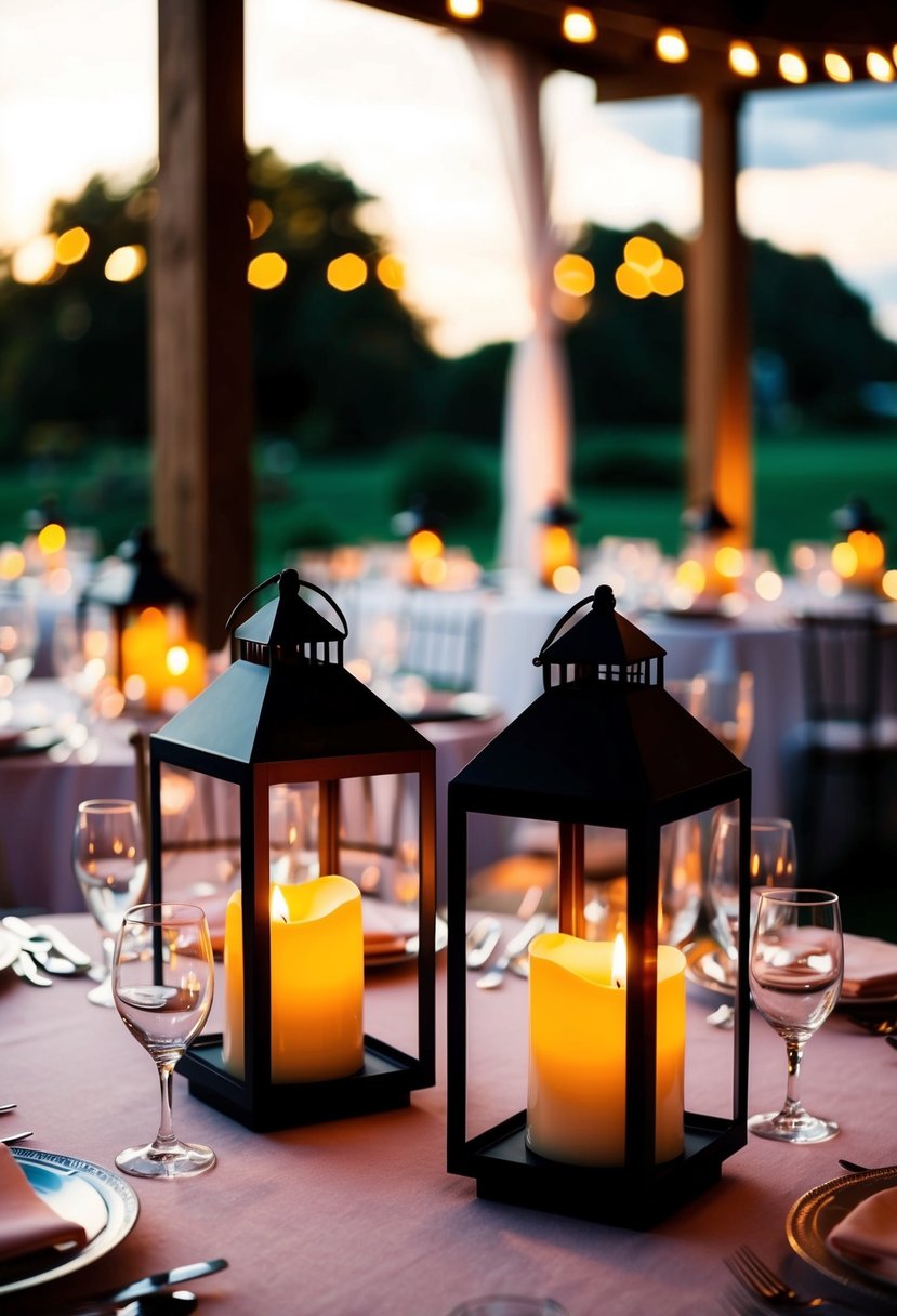 Pillar candles in lanterns illuminate a romantic wedding table setting