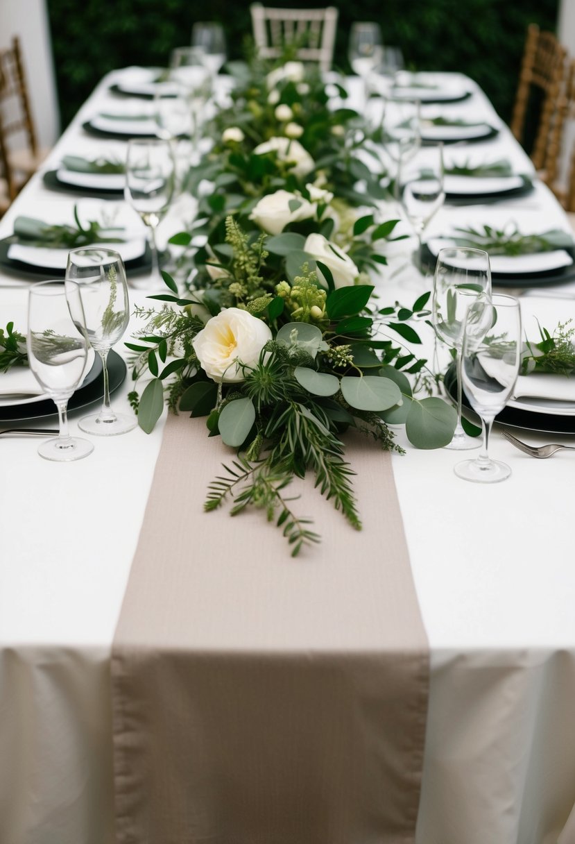 A long linen runner adorned with fresh greenery and foliage, set on a wedding reception table