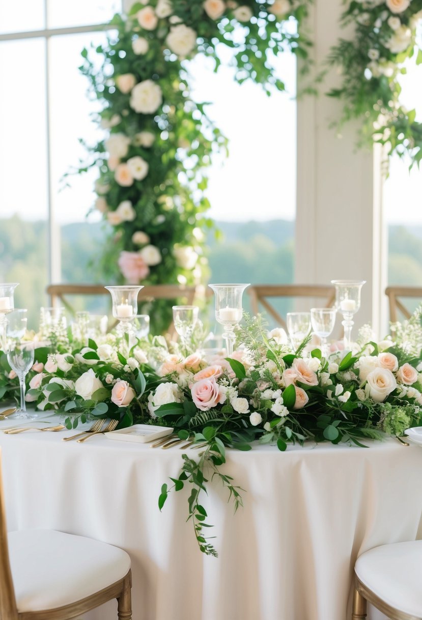 A wedding table adorned with lush floral garlands and wreaths in a soft, romantic color palette