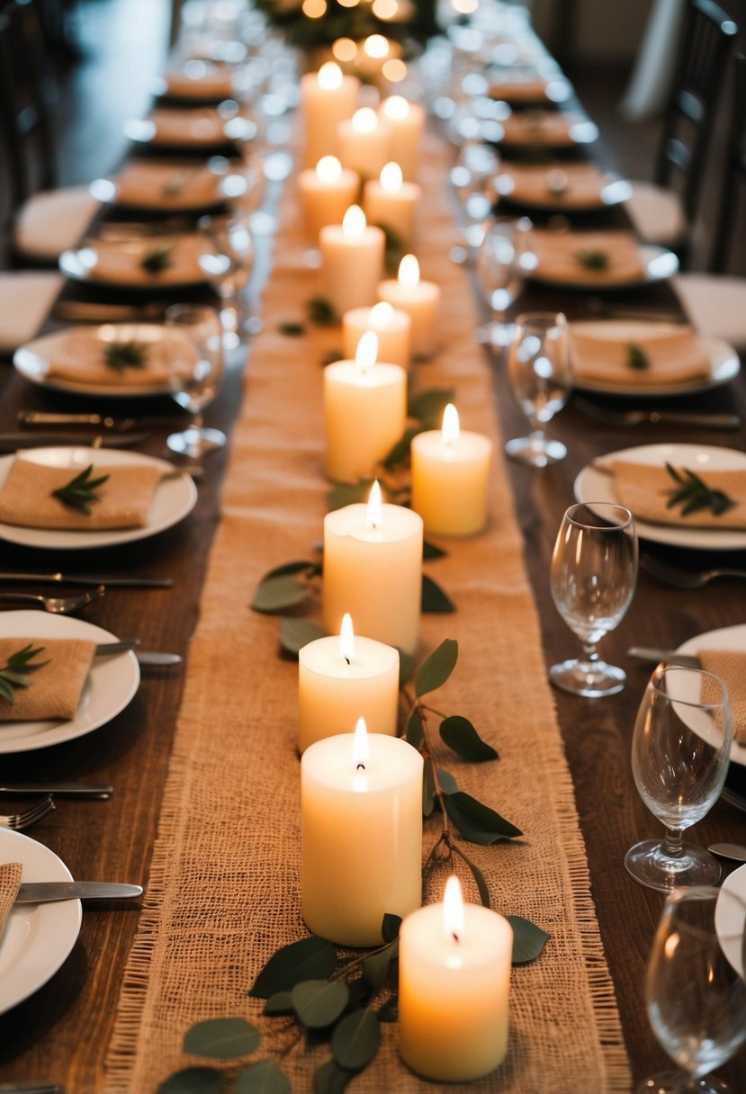 A burlap runner adorned with flickering candles on a rustic wedding table