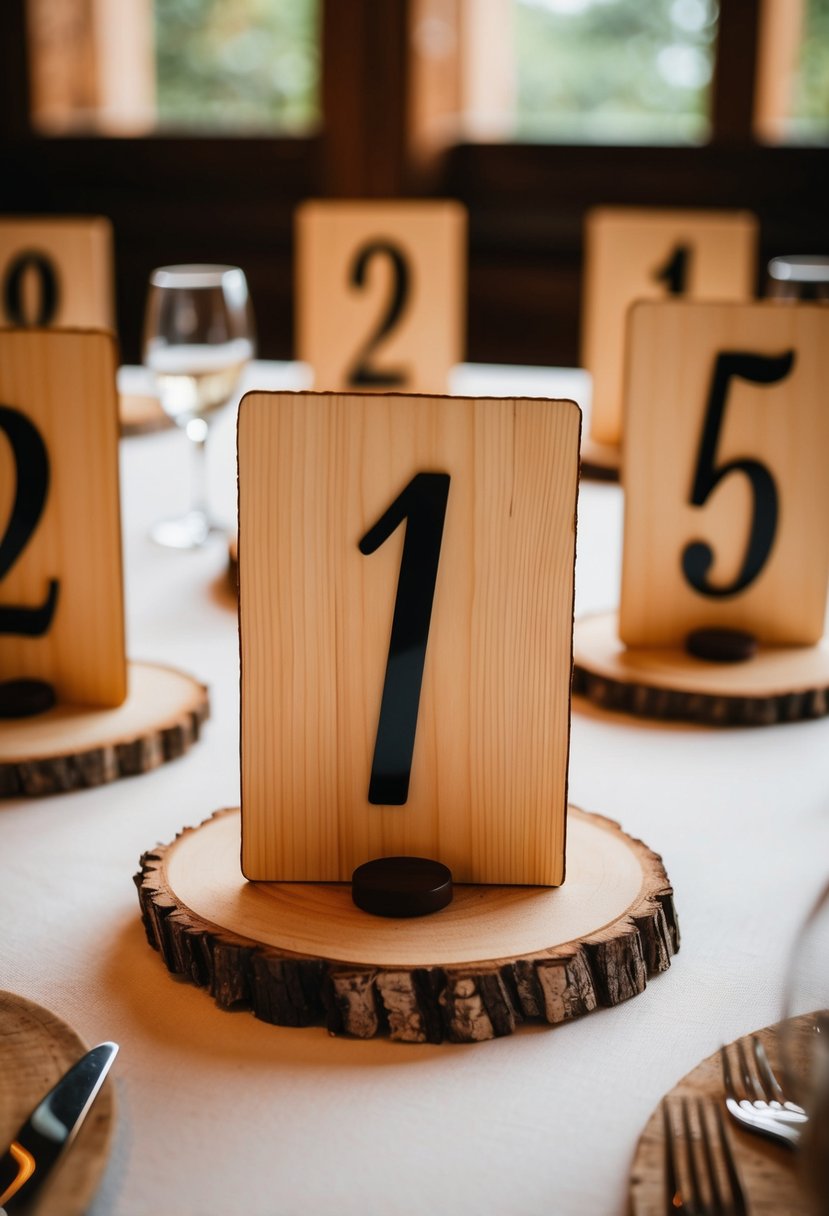 Wooden table numbers arranged on rustic wood slice centerpieces