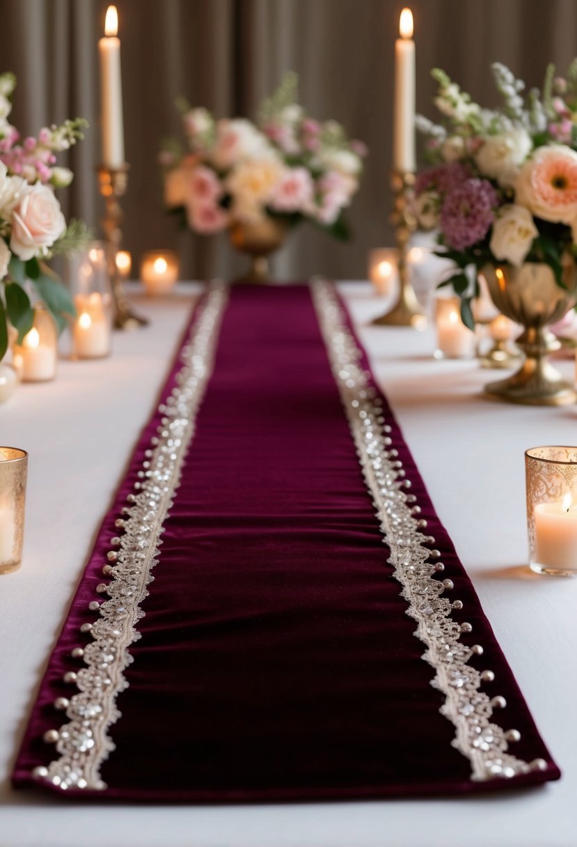 A long, elegant velvet table runner adorned with delicate lace and shimmering beads, set against a backdrop of soft candlelight and vintage floral centerpieces