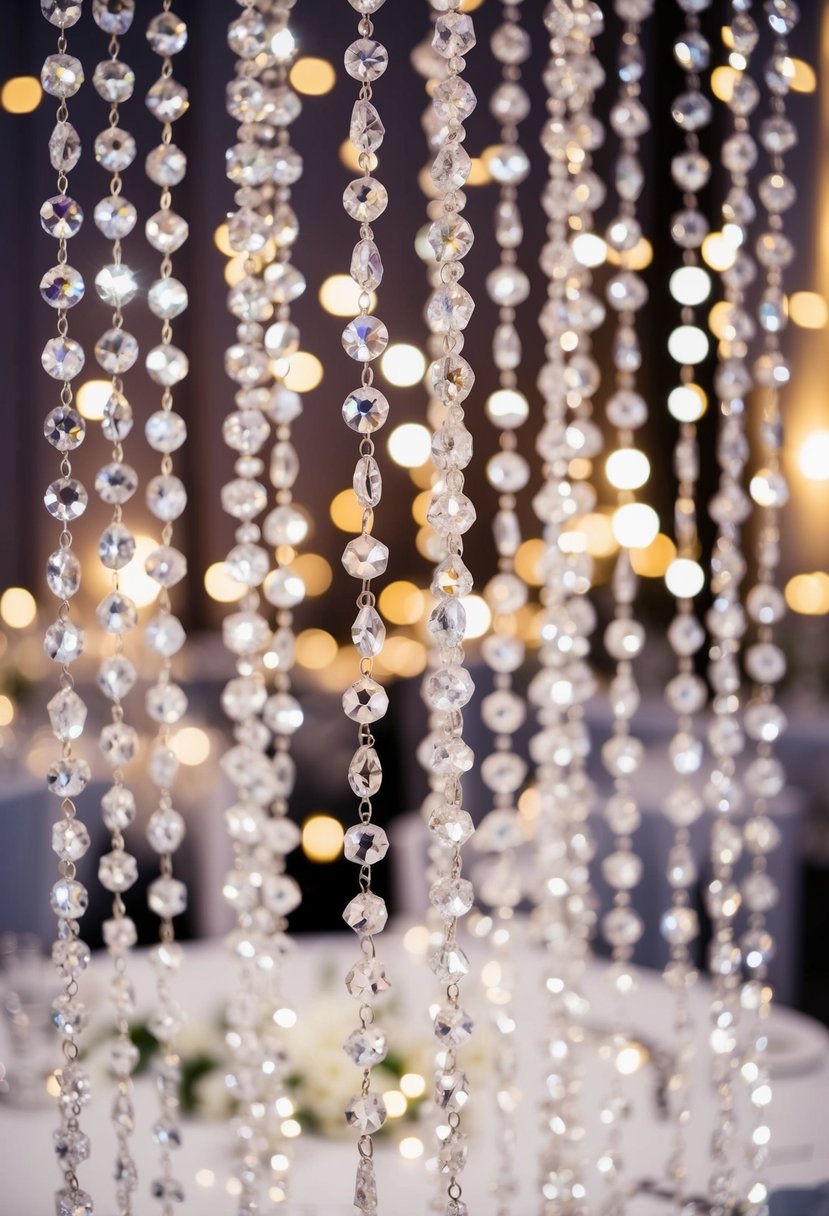 A shimmering crystal bead curtain hangs as a backdrop for a wedding table, catching and reflecting the light, creating a magical and enchanting atmosphere