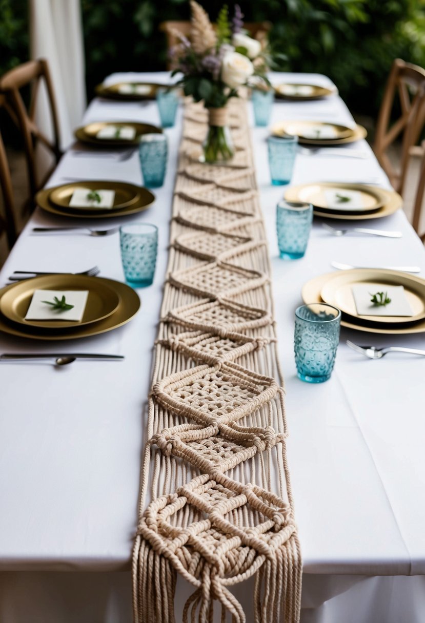 A macrame artistry runner adorns a wedding table with intricate knots and elegant patterns, adding a touch of bohemian charm to the decor