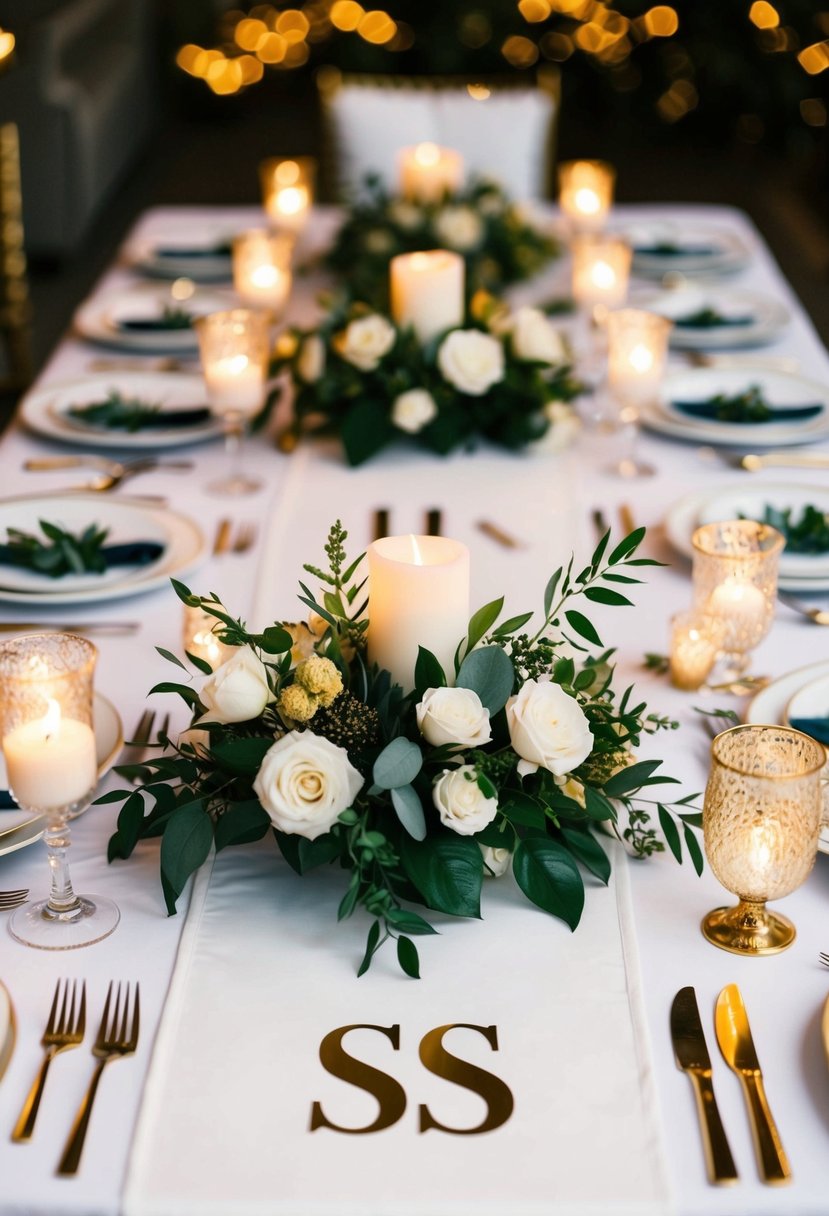 A white table runner with personalized initials in gold, surrounded by floral centerpieces and flickering candles