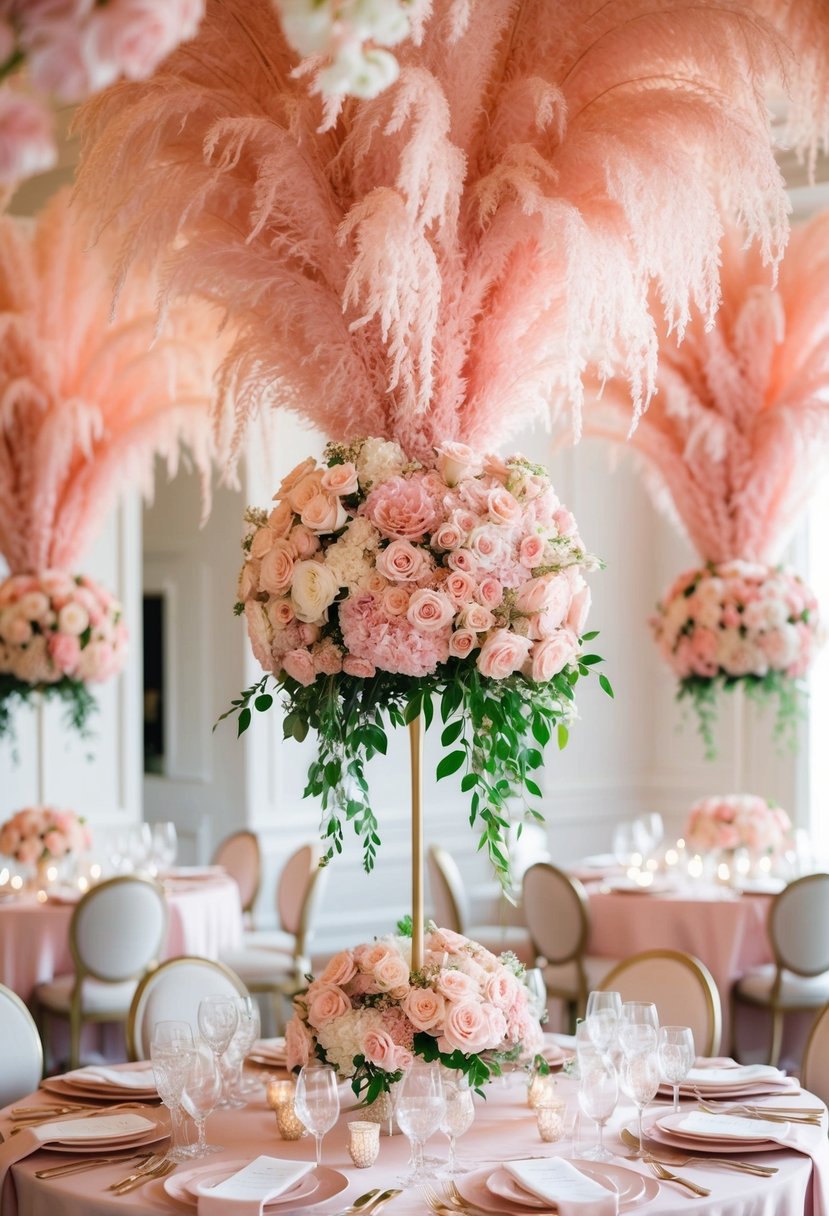 Blush pink floral arrangements tower over a wedding table, creating an enchanting and romantic atmosphere