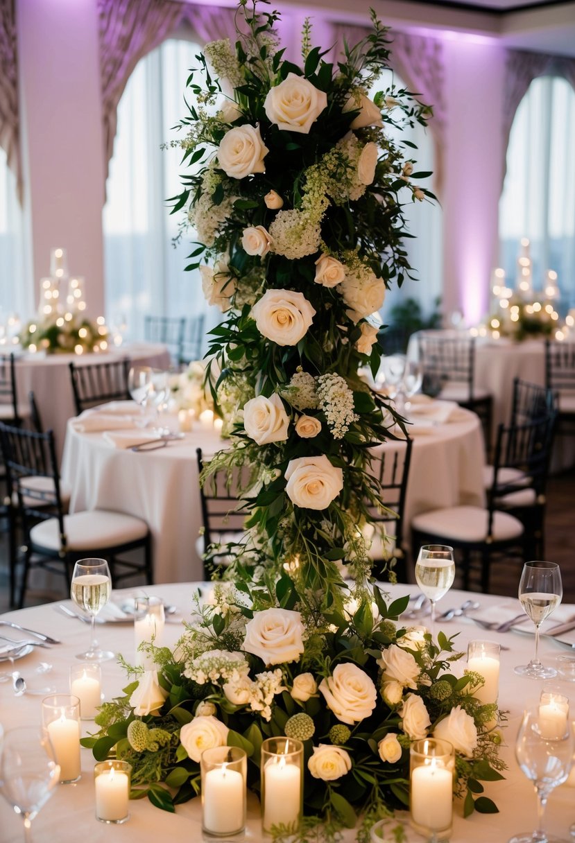 A tall, elegant wedding table centerpiece with cascading flowers and greenery, accented with candles and twinkling lights