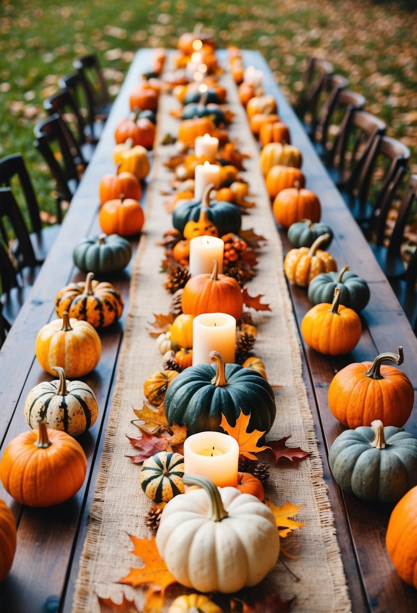 A long wooden table adorned with pumpkins, gourds, and autumn leaves. A burlap runner with candles and rustic centerpieces