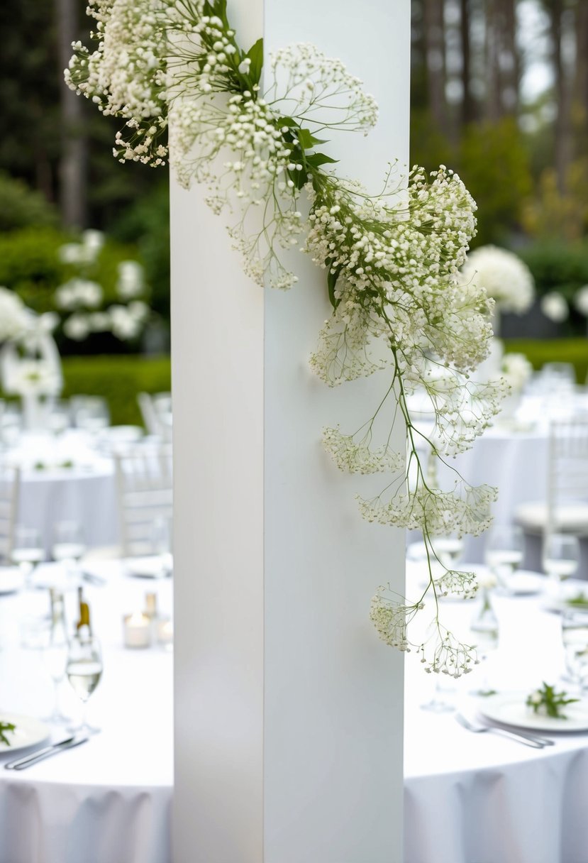 A tall, modern, all-white wedding table adorned with delicate baby's breath flowers