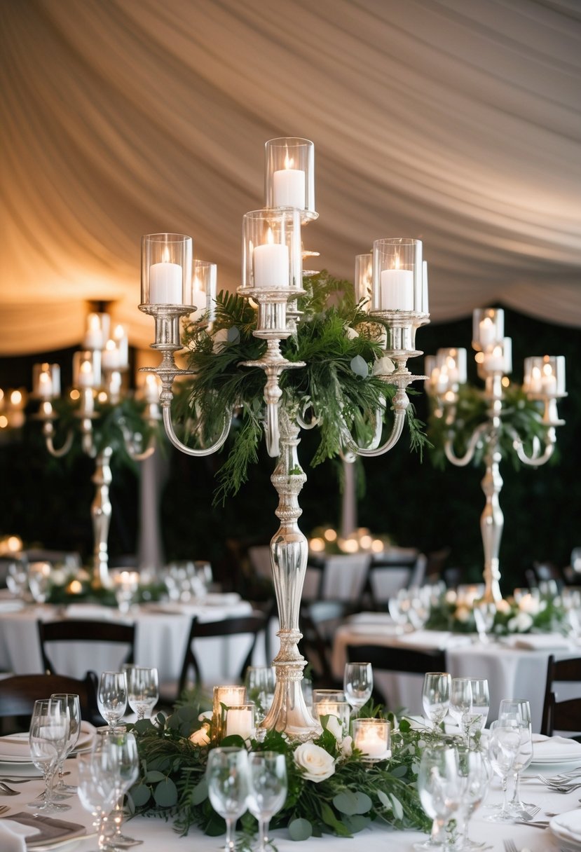 Silver candelabras adorned with lush greenery create an enchanting wedding table centerpiece