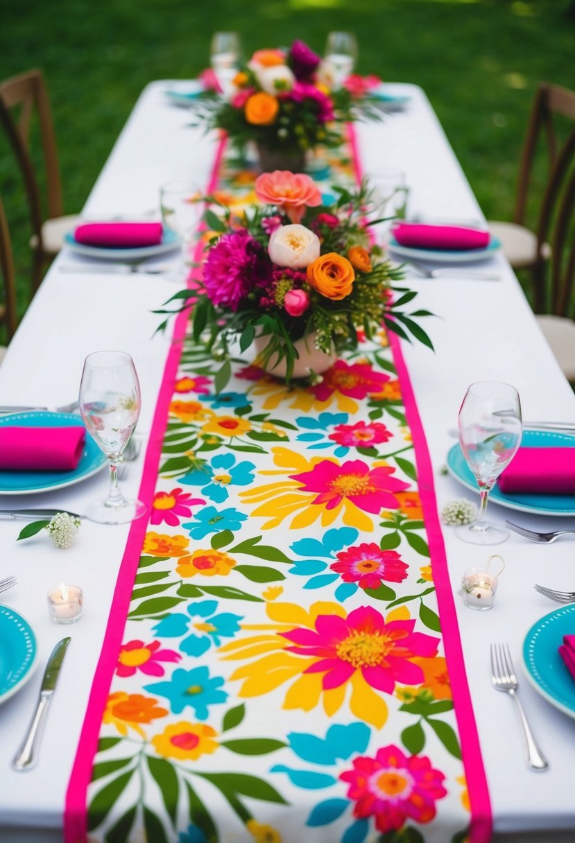 A bright floral patterned table runner lays across a wedding table, adorned with vibrant blooms and greenery as a decorative centerpiece