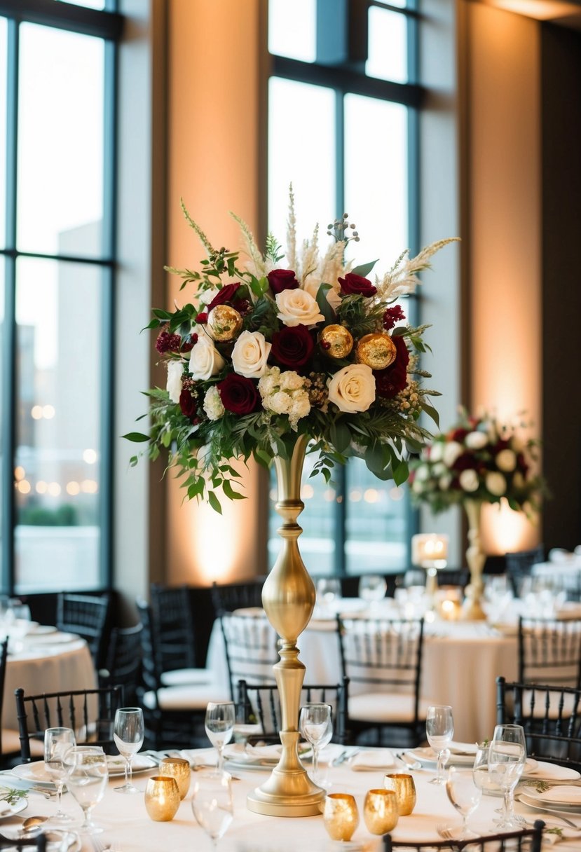 A tall wedding table decoration with gold and jewel-tone arrangements