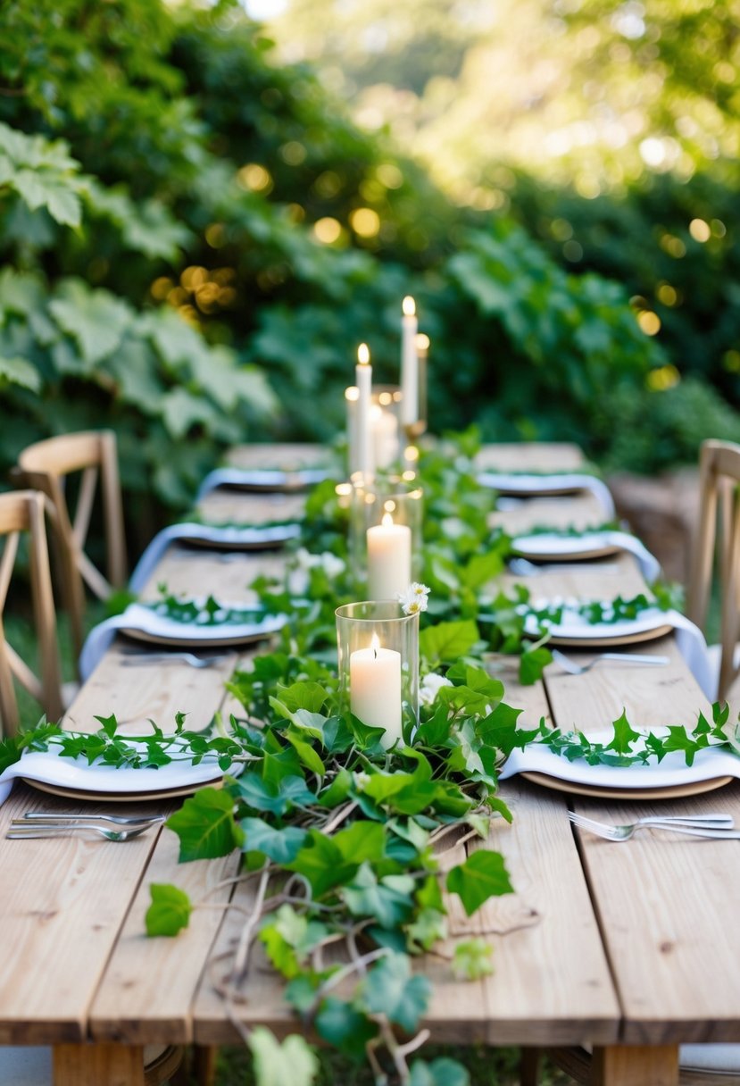 A rustic wooden table adorned with lush green ivy and delicate twig table runners, creating an enchanting wedding table decoration