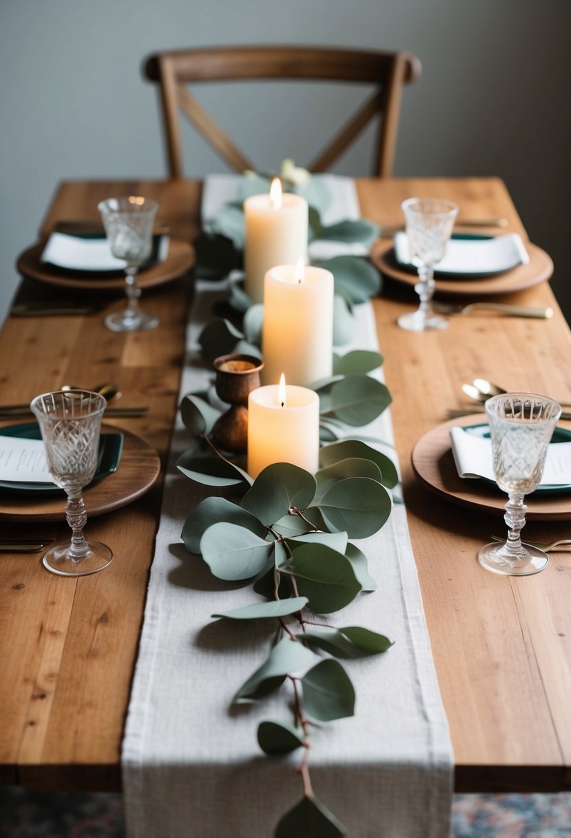 A wooden table adorned with a eucalyptus style runner, accented with rustic elements like candles and vintage glassware