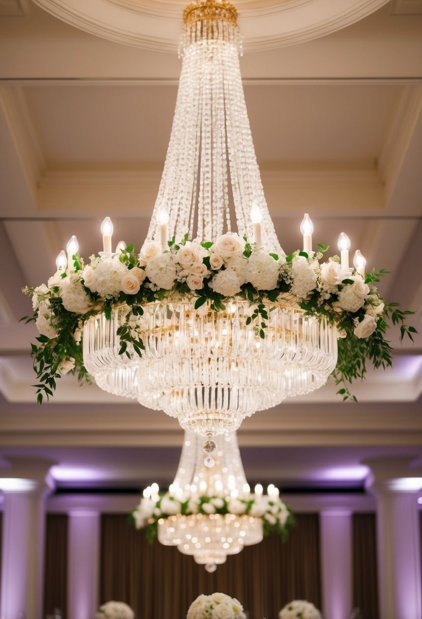 A grand chandelier adorned with white blooms hangs above a tall wedding table, casting a soft, romantic glow over the elegant setting