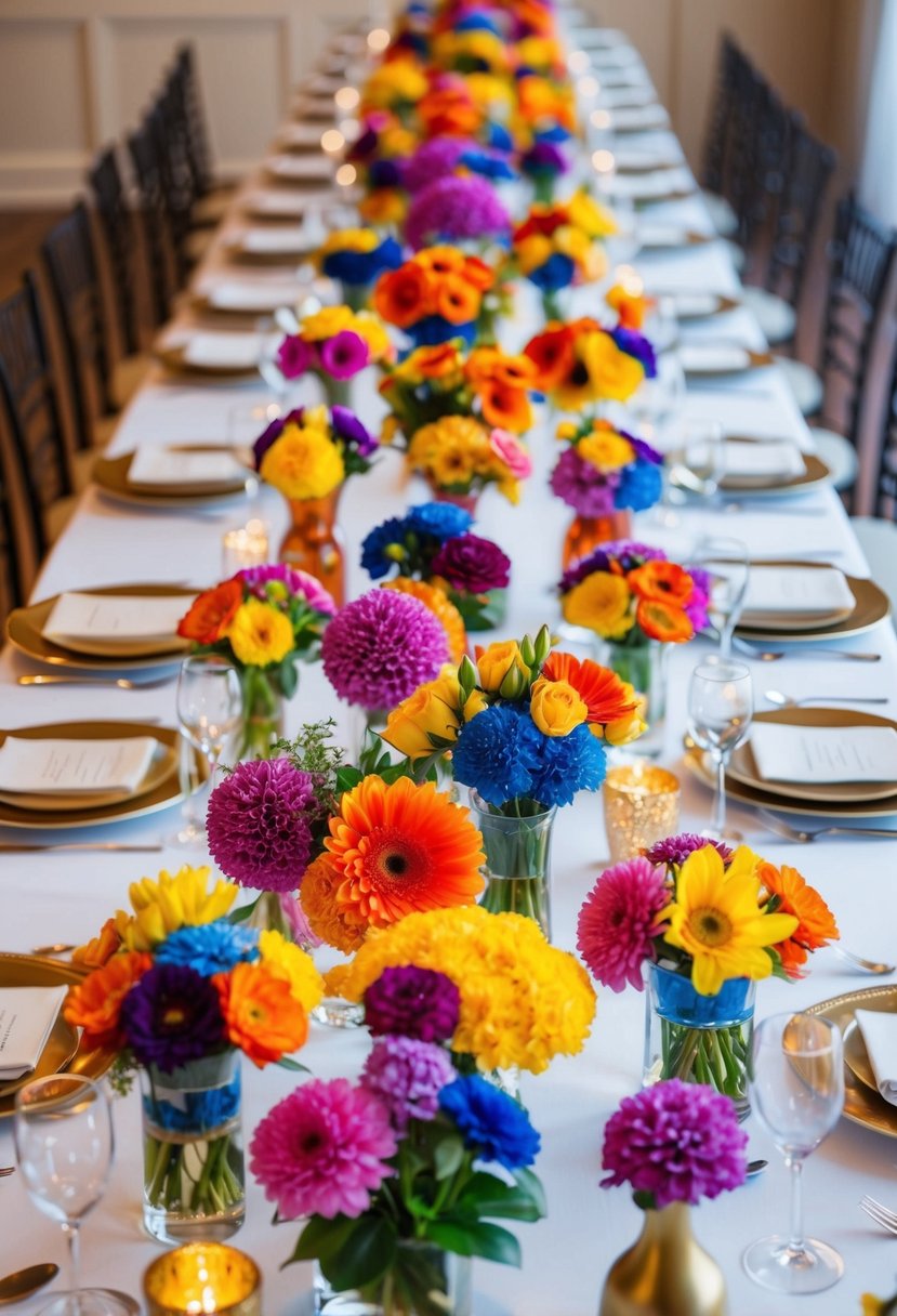 A long table adorned with a colorful array of rainbow blooms in various vases and arrangements, creating a vibrant and festive wedding table decoration