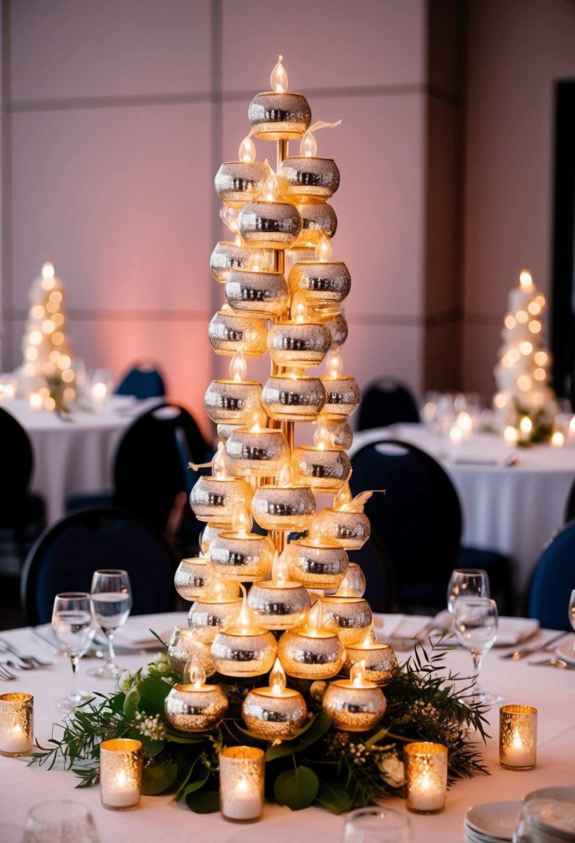 A cluster of ornamental tea lights arranged on a tall wedding table centerpiece