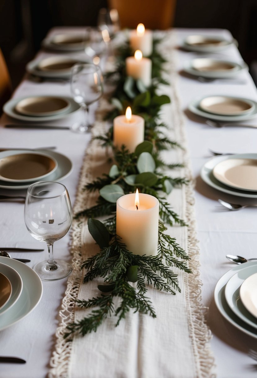 A white table runner adorned with simple greenery and candles